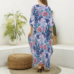 Blue Fairy Rose Unicorn Pattern Print Silk V-Neck Kaftan Dress