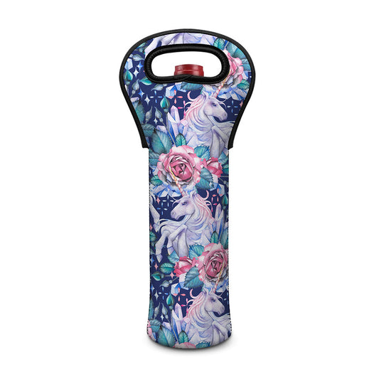Blue Fairy Rose Unicorn Pattern Print Single Neoprene Wine Tote