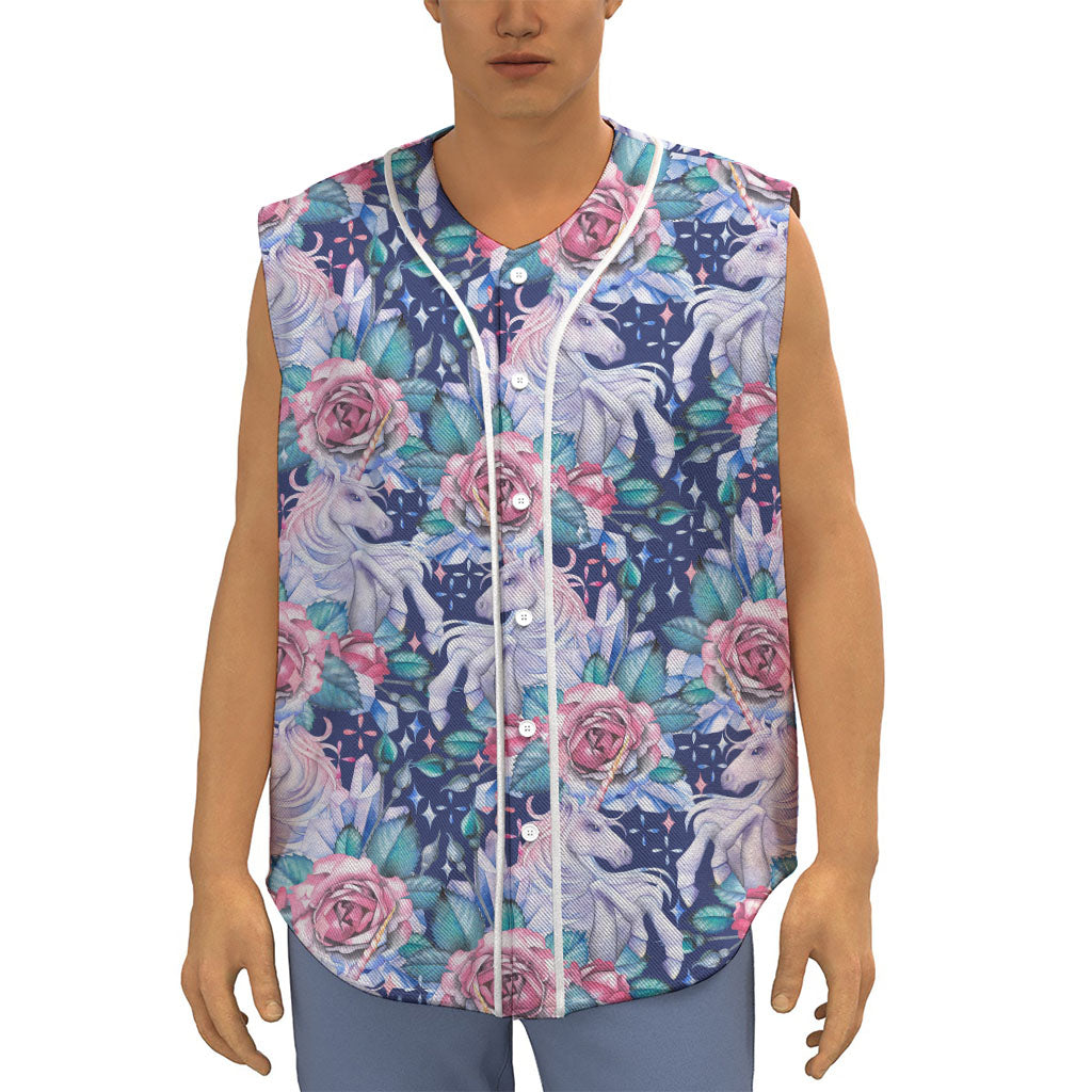 Blue Fairy Rose Unicorn Pattern Print Sleeveless Baseball Jersey