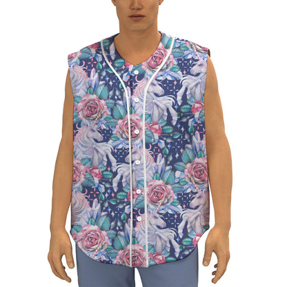 Blue Fairy Rose Unicorn Pattern Print Sleeveless Baseball Jersey