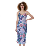 Blue Fairy Rose Unicorn Pattern Print Slim Fit Midi Cami Dress