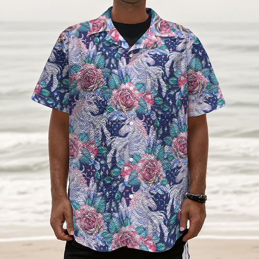 Blue Fairy Rose Unicorn Pattern Print Textured Short Sleeve Shirt
