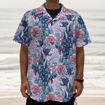 Blue Fairy Rose Unicorn Pattern Print Textured Short Sleeve Shirt