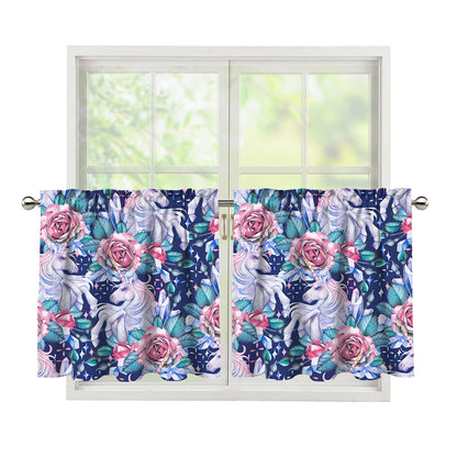 Blue Fairy Rose Unicorn Pattern Print Tier Curtains