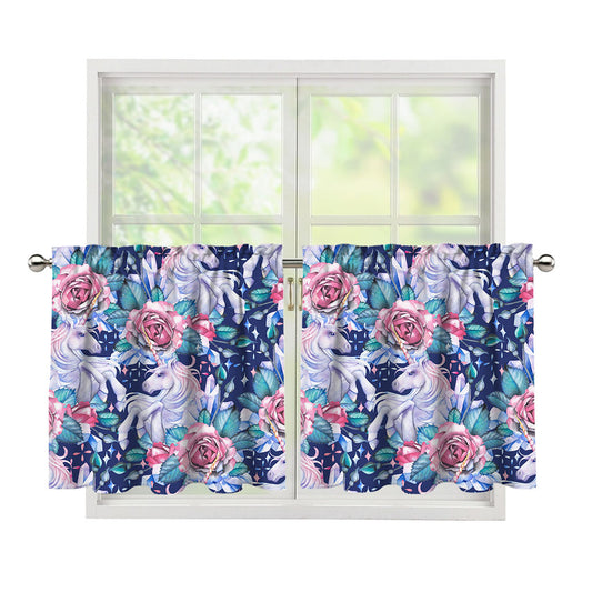Blue Fairy Rose Unicorn Pattern Print Tier Curtains
