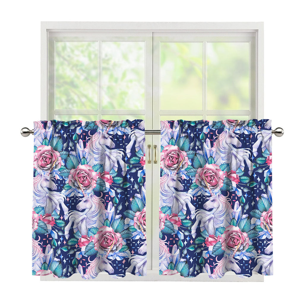 Blue Fairy Rose Unicorn Pattern Print Tier Curtains
