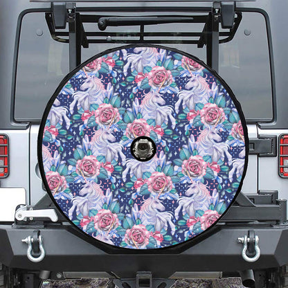 Blue Fairy Rose Unicorn Pattern Print Tire Cover With Camera Hole