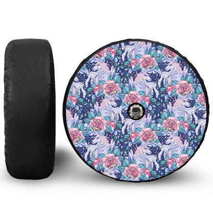Blue Fairy Rose Unicorn Pattern Print Tire Cover With Camera Hole