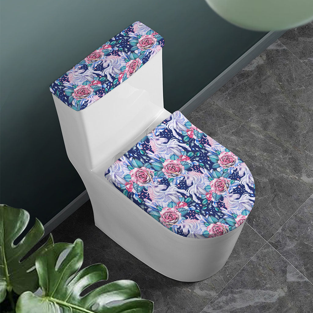 Blue Fairy Rose Unicorn Pattern Print Toilet Lid And Tank Cover Set