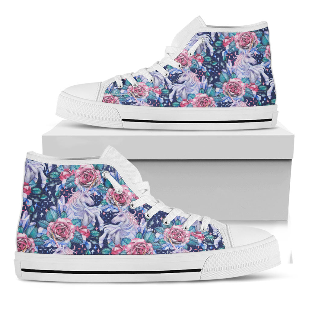 Blue Fairy Rose Unicorn Pattern Print White High Top Sneakers