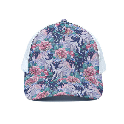 Blue Fairy Rose Unicorn Pattern Print White Mesh Trucker Cap