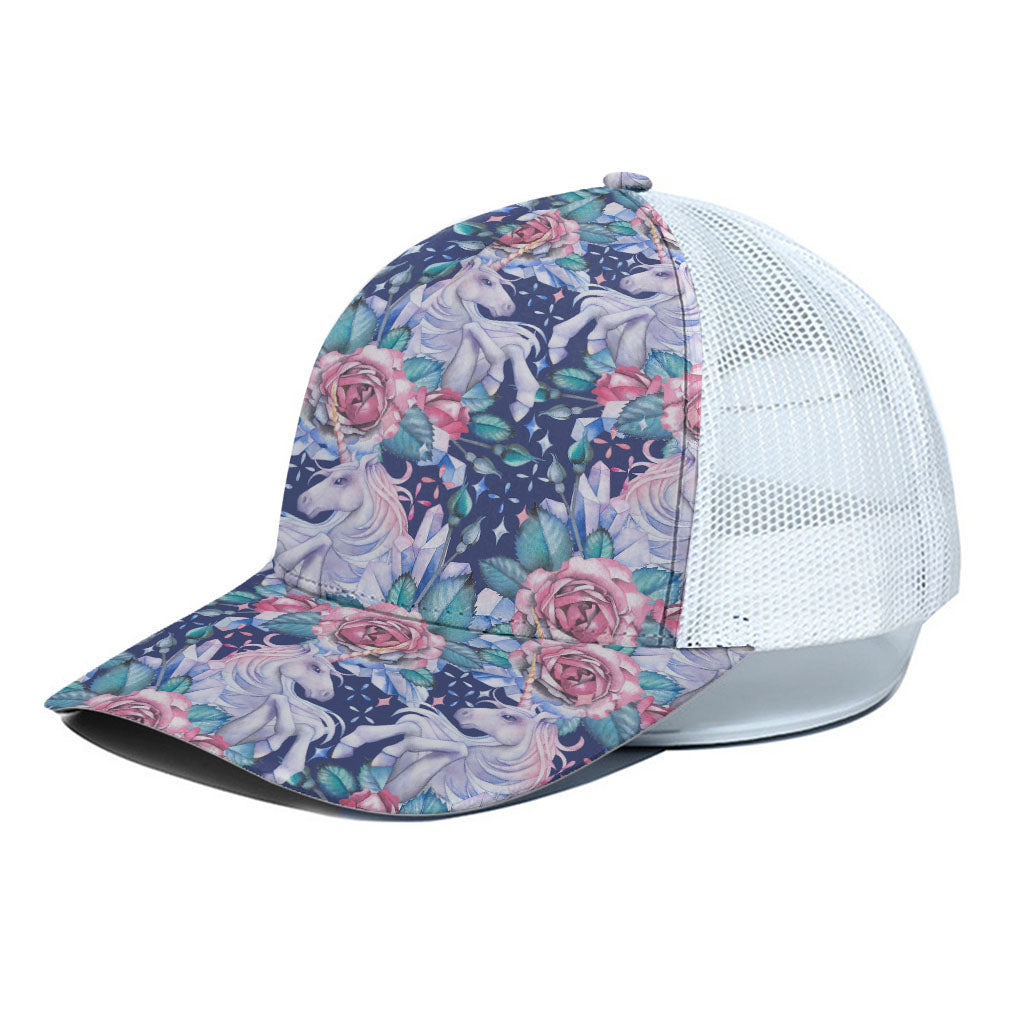 Blue Fairy Rose Unicorn Pattern Print White Mesh Trucker Cap