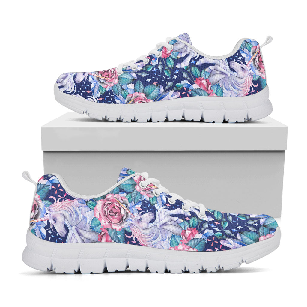 Blue Fairy Rose Unicorn Pattern Print White Running Shoes