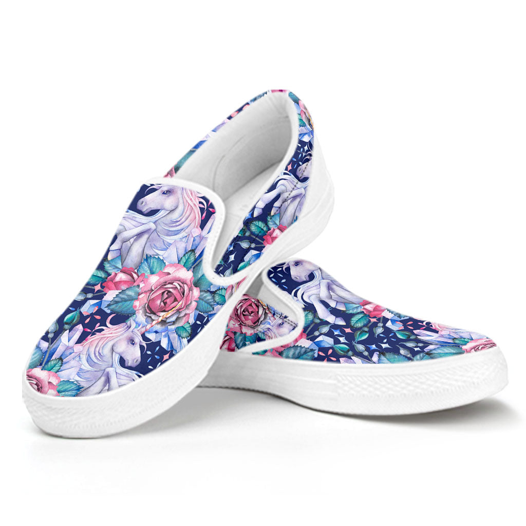 Blue Fairy Rose Unicorn Pattern Print White Slip On Sneakers