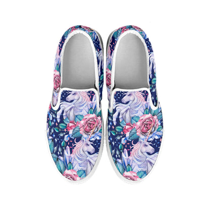 Blue Fairy Rose Unicorn Pattern Print White Slip On Sneakers