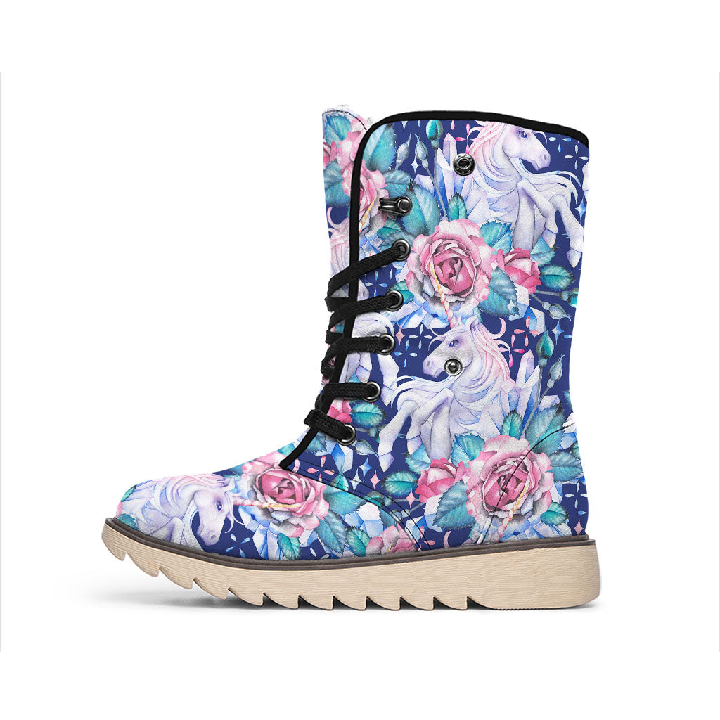 Blue Fairy Rose Unicorn Pattern Print Winter Boots