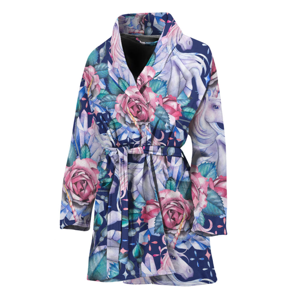 Blue Fairy Rose Unicorn Pattern Print Women's Bathrobe