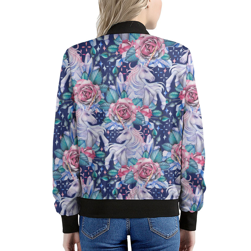 Blue Fairy Rose Unicorn Pattern Print Women's Bomber Jacket