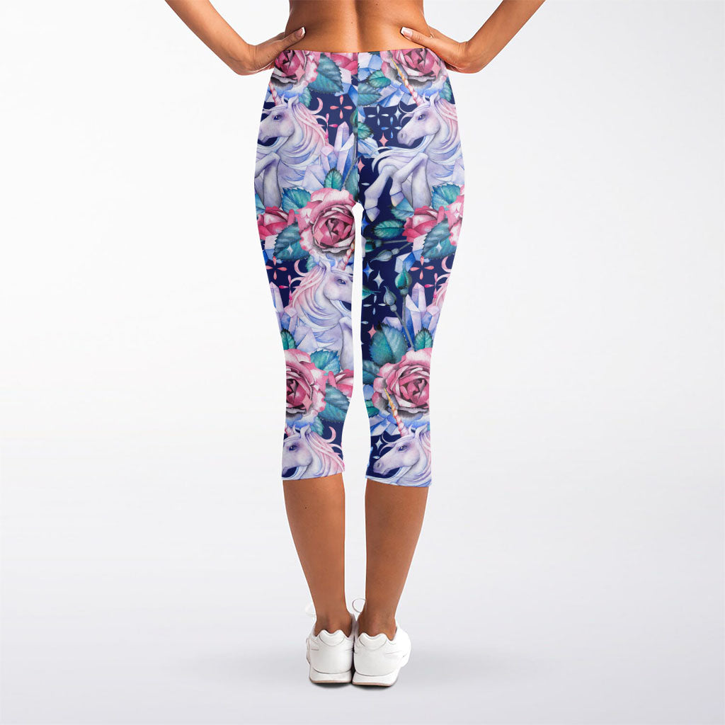 Blue Fairy Rose Unicorn Pattern Print Women's Capri Leggings