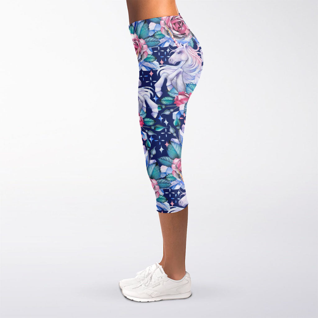 Blue Fairy Rose Unicorn Pattern Print Women's Capri Leggings