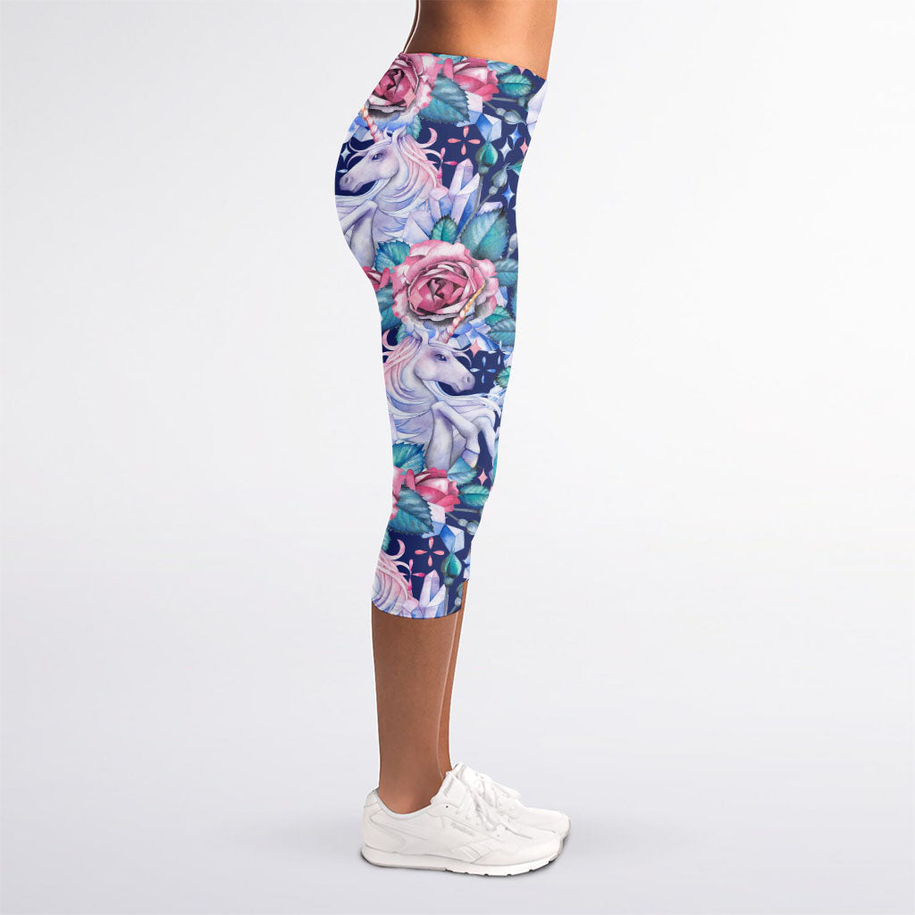 Blue Fairy Rose Unicorn Pattern Print Women's Capri Leggings