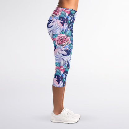 Blue Fairy Rose Unicorn Pattern Print Women's Capri Leggings