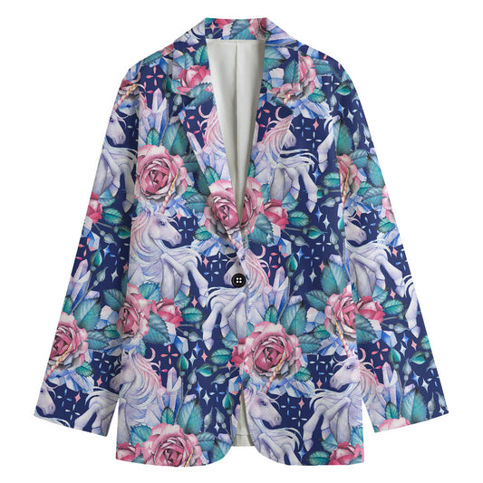 Blue Fairy Rose Unicorn Pattern Print Women's Cotton Blazer