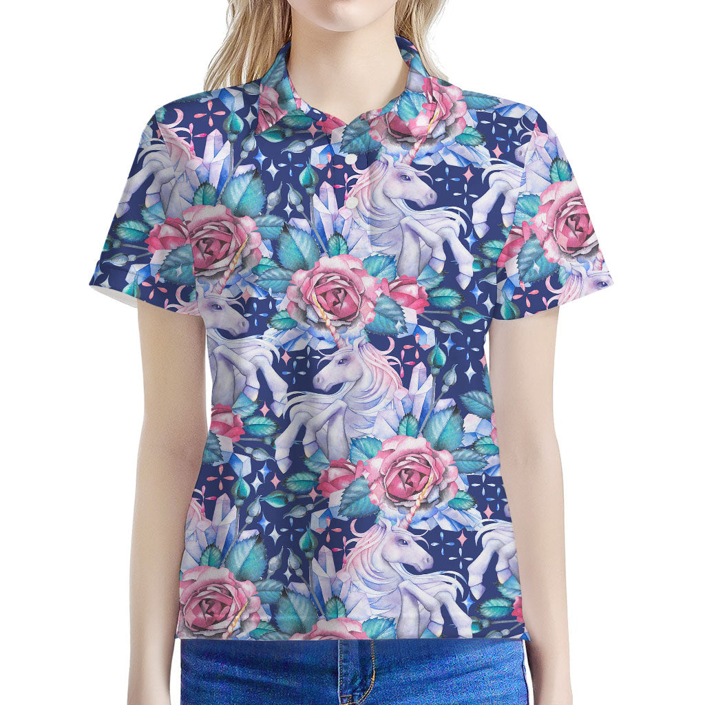 Blue Fairy Rose Unicorn Pattern Print Women's Polo Shirt