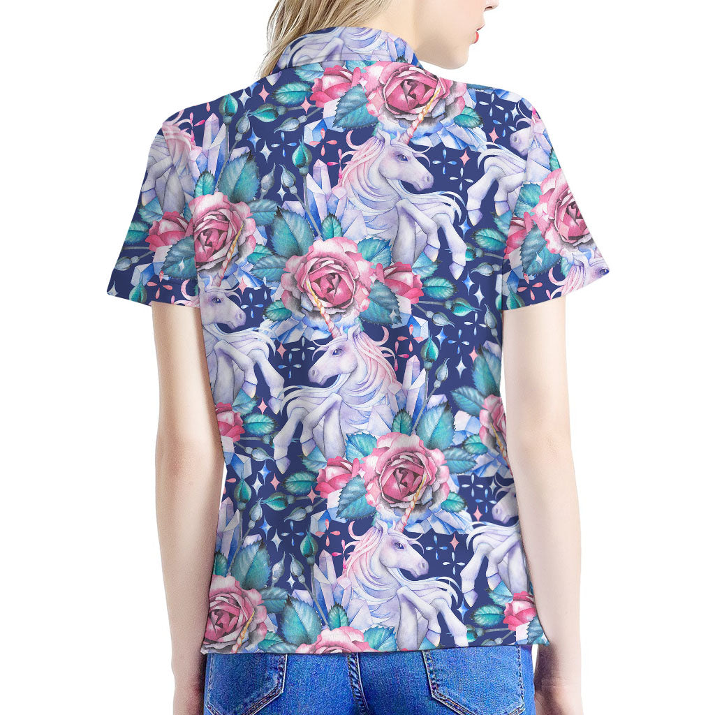Blue Fairy Rose Unicorn Pattern Print Women's Polo Shirt
