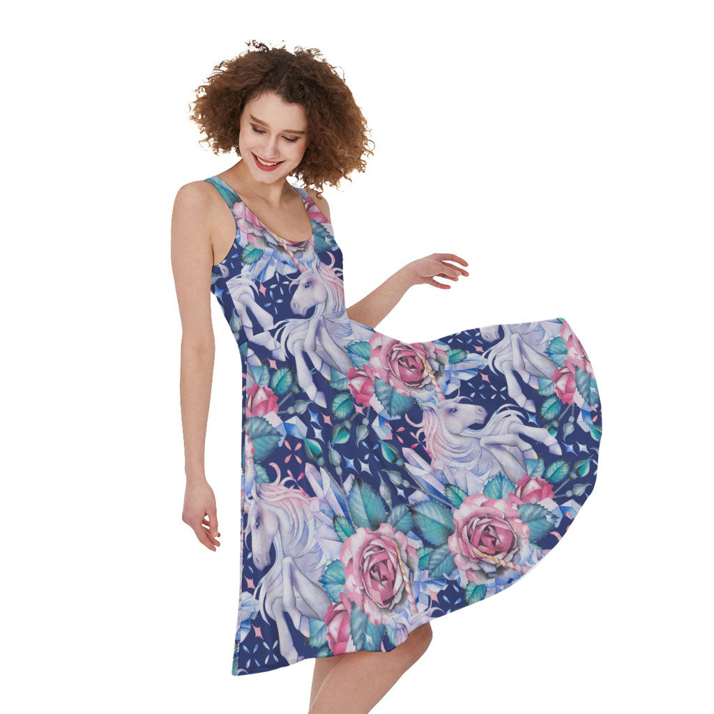 Blue Fairy Rose Unicorn Pattern Print Women's Sleeveless Dress