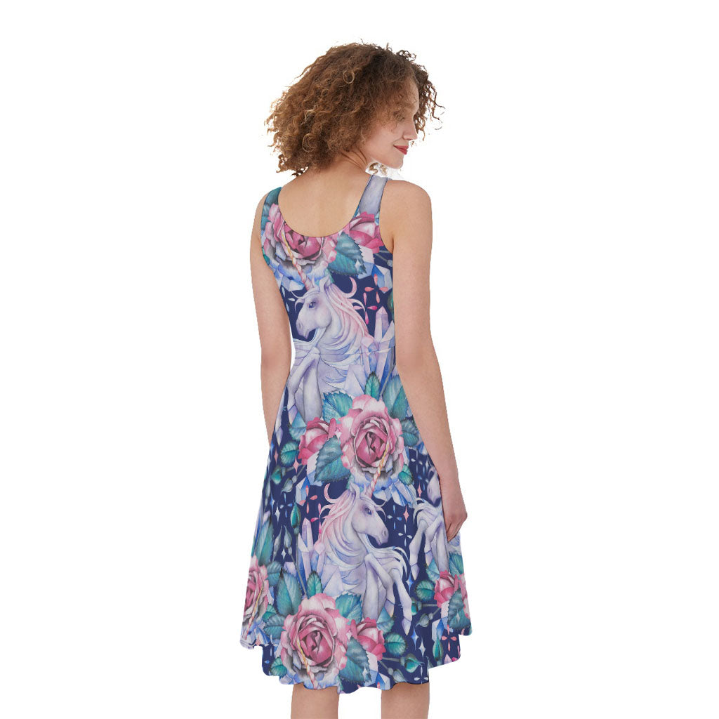 Blue Fairy Rose Unicorn Pattern Print Women's Sleeveless Dress