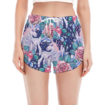Blue Fairy Rose Unicorn Pattern Print Women's Split Running Shorts