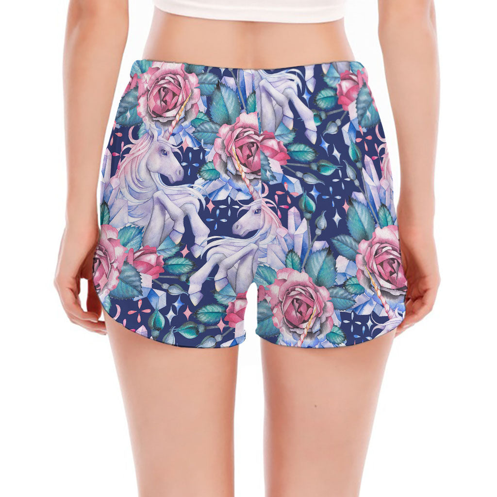 Blue Fairy Rose Unicorn Pattern Print Women's Split Running Shorts
