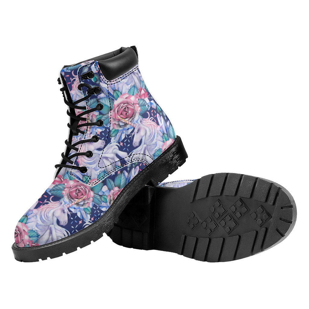 Blue Fairy Rose Unicorn Pattern Print Work Boots