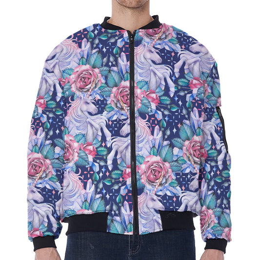 Blue Fairy Rose Unicorn Pattern Print Zip Sleeve Bomber Jacket