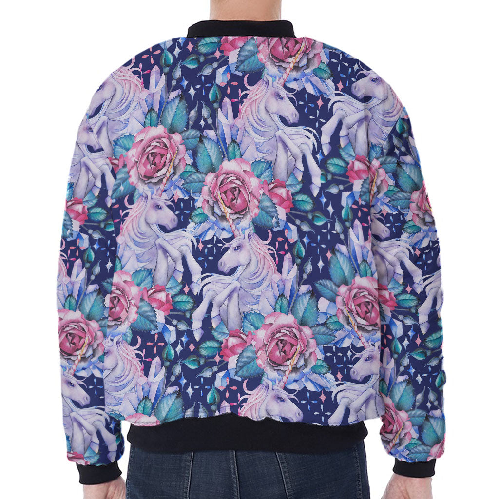 Blue Fairy Rose Unicorn Pattern Print Zip Sleeve Bomber Jacket
