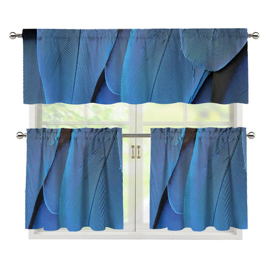 Blue Feather Print 3 Piece Kitchen Curtains