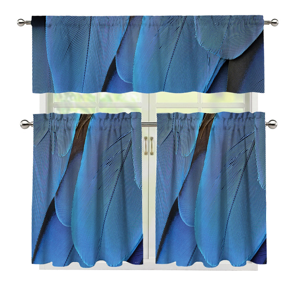 Blue Feather Print 3 Piece Kitchen Curtains