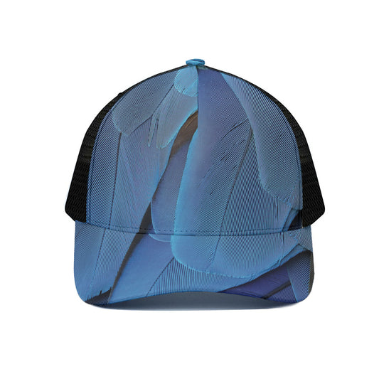 Blue Feather Print Black Mesh Trucker Cap