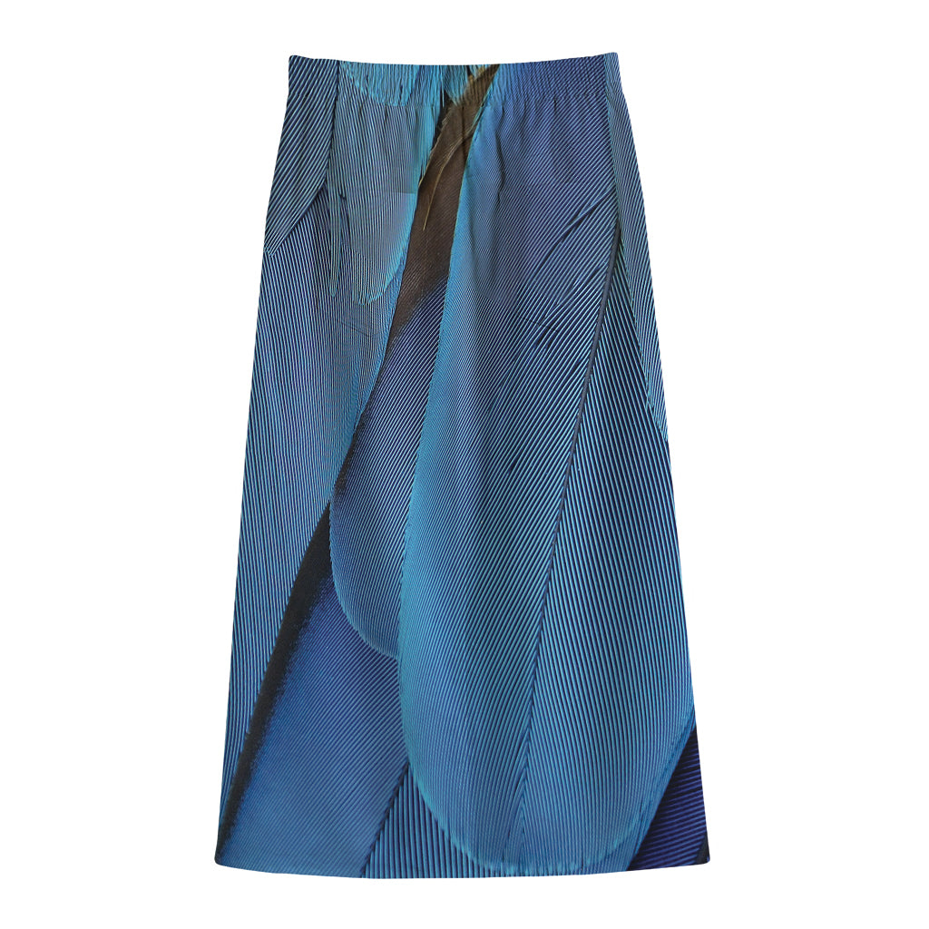 Blue Feather Print Cotton Front Slit Maxi Skirt