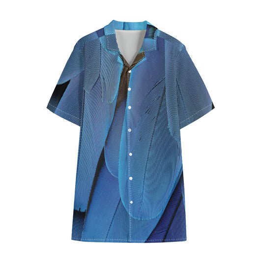 Blue Feather Print Cotton Hawaiian Shirt