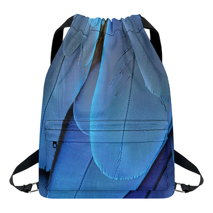 Blue Feather Print Drawstring Backpack