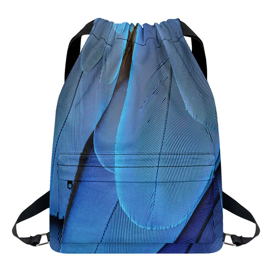 Blue Feather Print Drawstring Backpack
