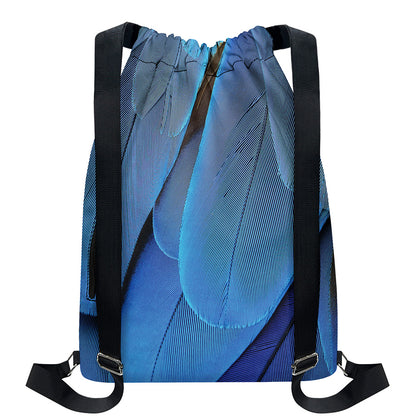 Blue Feather Print Drawstring Backpack