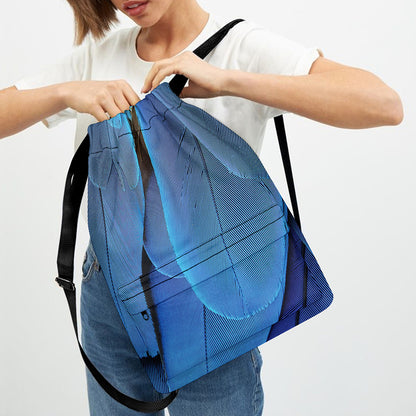 Blue Feather Print Drawstring Backpack