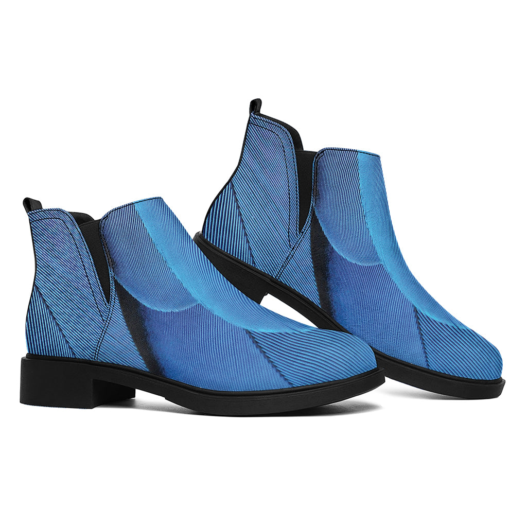 Blue Feather Print Flat Ankle Boots