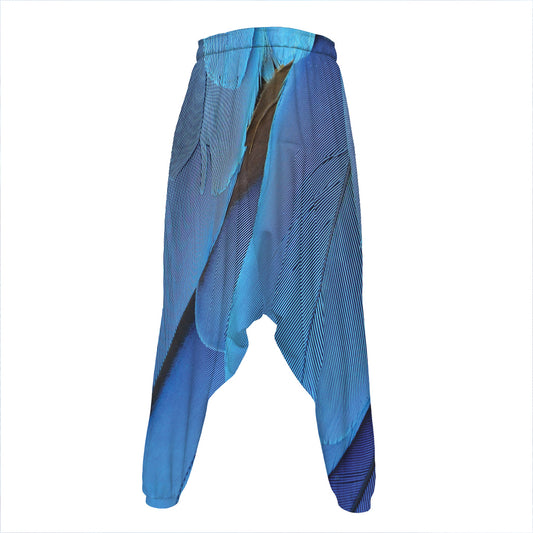Blue Feather Print Hammer Pants