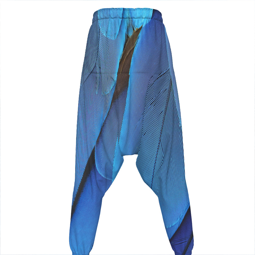 Blue Feather Print Hammer Pants