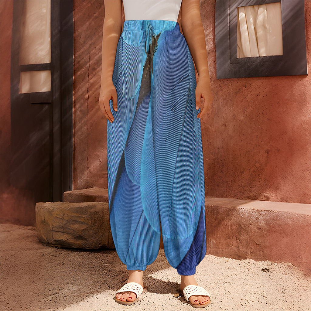 Blue Feather Print Harem Pants
