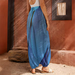 Blue Feather Print Harem Pants